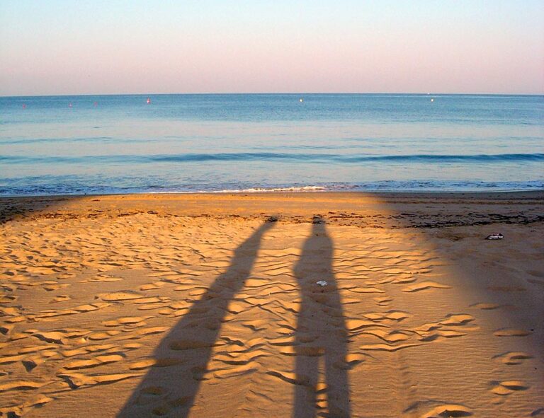 Elongated shadows of two people on a golden sand beach with the pink sunset sky and blue ocean in the background