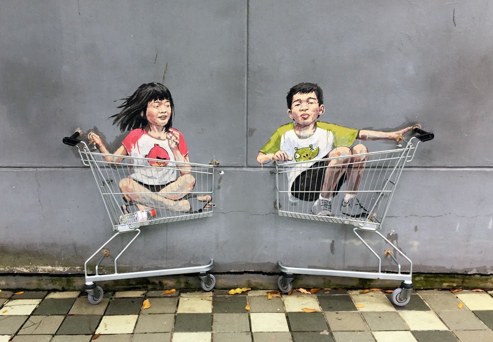 Singapore Street Art ErnestZ Kids in Trolleys