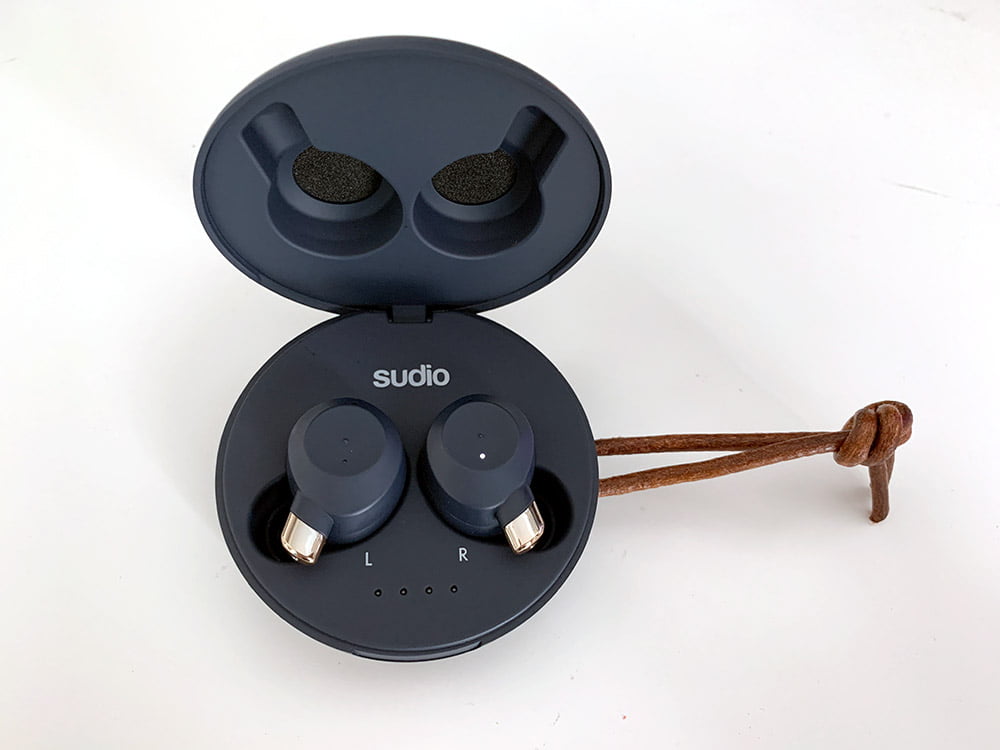 Sudio Fem Earphones in the case - note that the indicator lights are inside the case