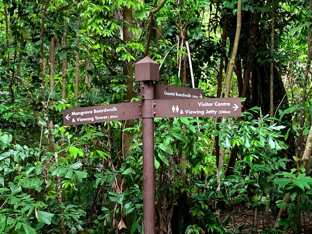 Directional signs at Chek Jawa pointing you to the mangrove boardwalk, coastal boardwalk or the viewing jetty