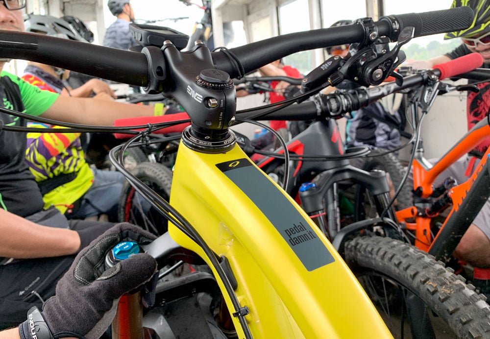 I was in a boat with 10 bikers which got a little crowded. This guy's bike had the words 'pedal damn it' on the frame