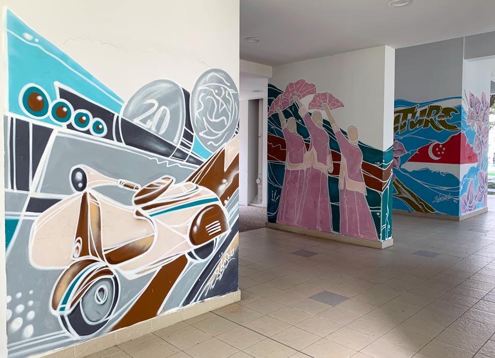 Kang Chine Mural Project covers three pillars that shows typical Singaporean scenes titled 'Old is Gold', 'A Community That Plays Together, Stays Together' and 'Our Future'