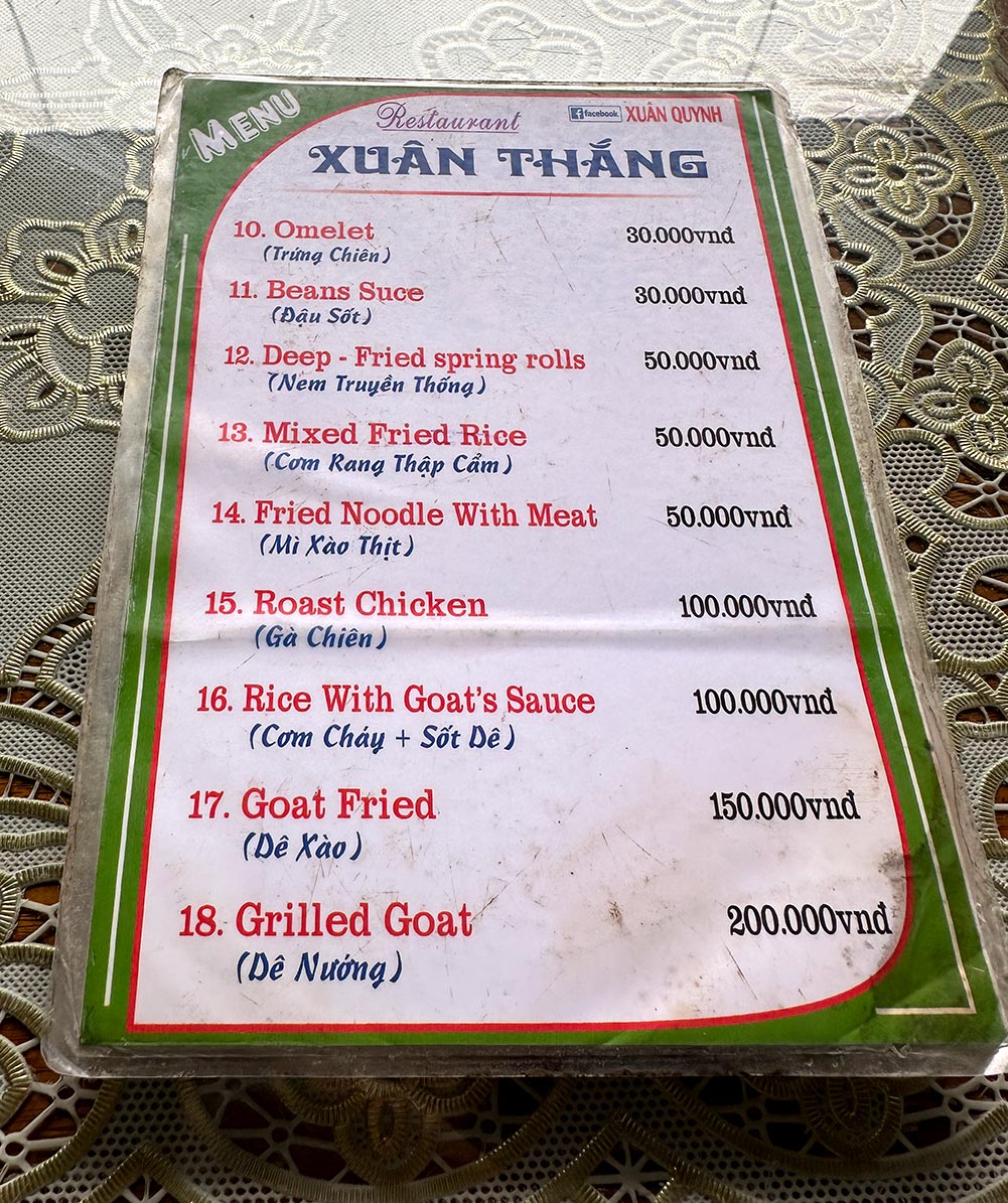 Ninh Binh Restaurant Xuan Thang Menu