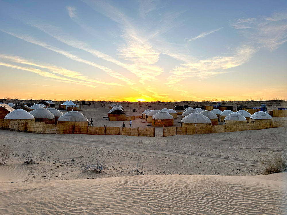 Turkmenistan Darvaza Gas Crater Yurt Camp Sunset