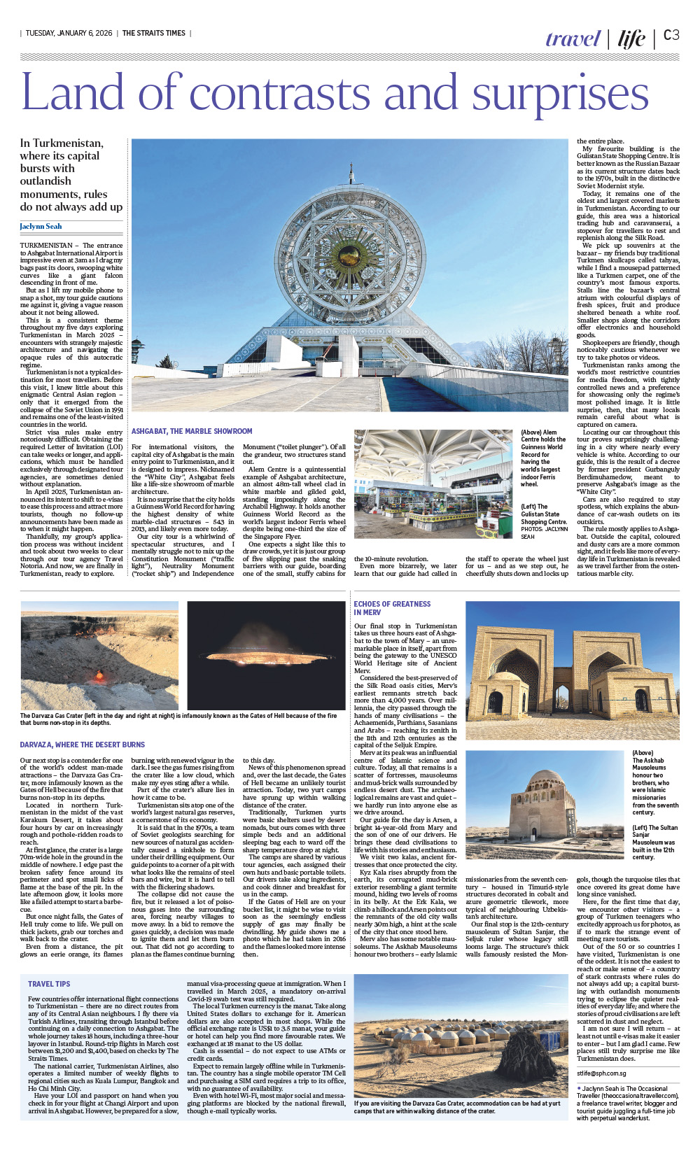 Screenshot of Straits Times Life newspaper article titled 'Land of contrasts and surprises'