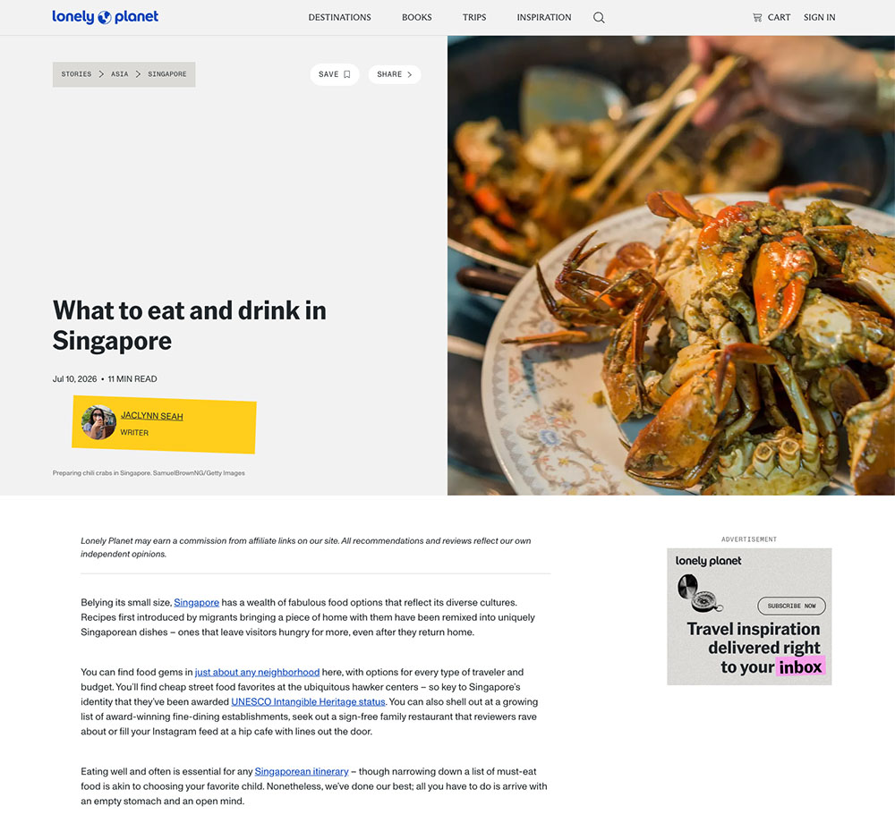 Screenshot of Lonely Planet online article titled 'What to eat and drink in Singapore'